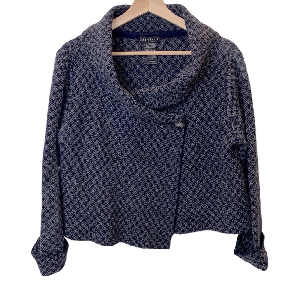 ChiaraMente sz M Wool Blend Cowl Neck Navy Blue and Grey Cardigan Sweater Blazer